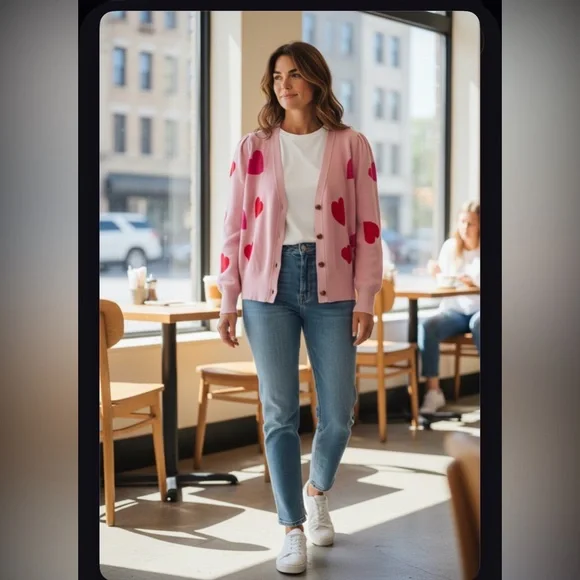 💕 Pink Heart Patterned Women's Button-Up Sweater - size XL - Picture 3 of 16